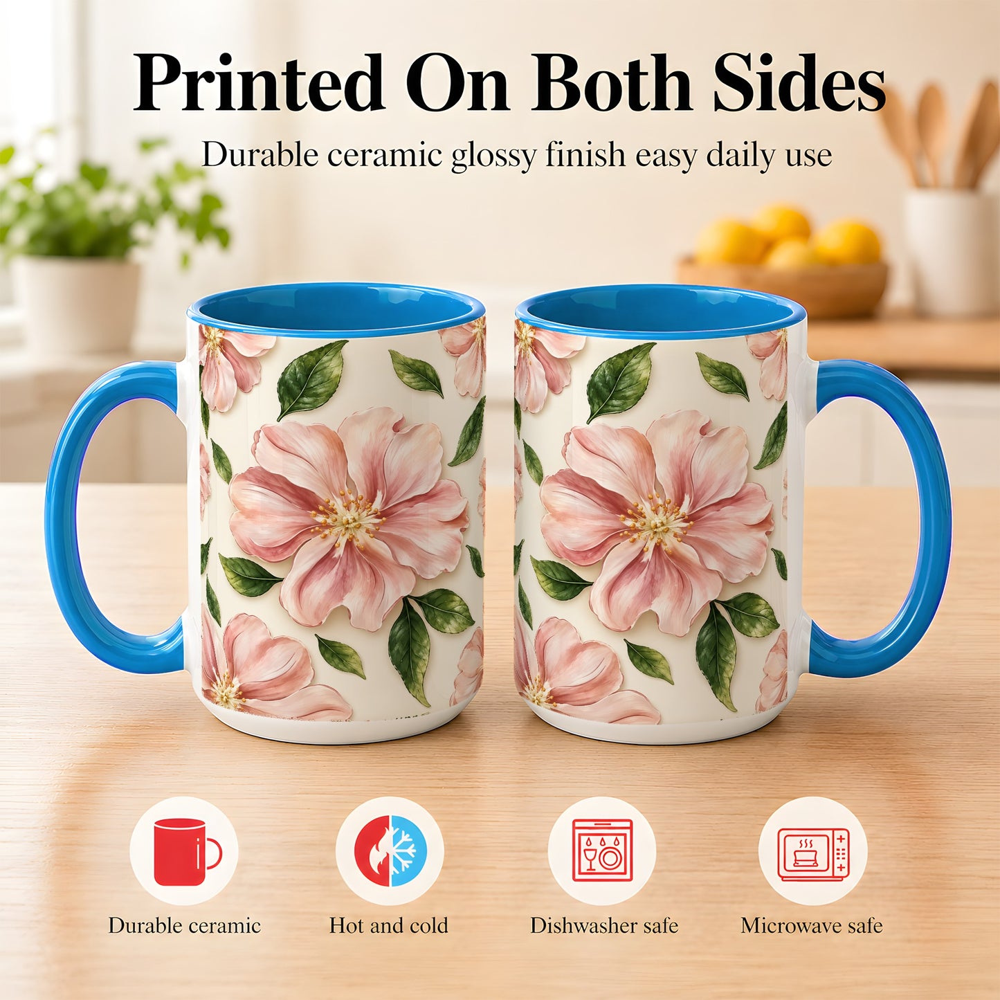 #pl[15oz|Blue] Pink Floral Coffee Mug, Botanical Blossom Mug, Ceramic Cup