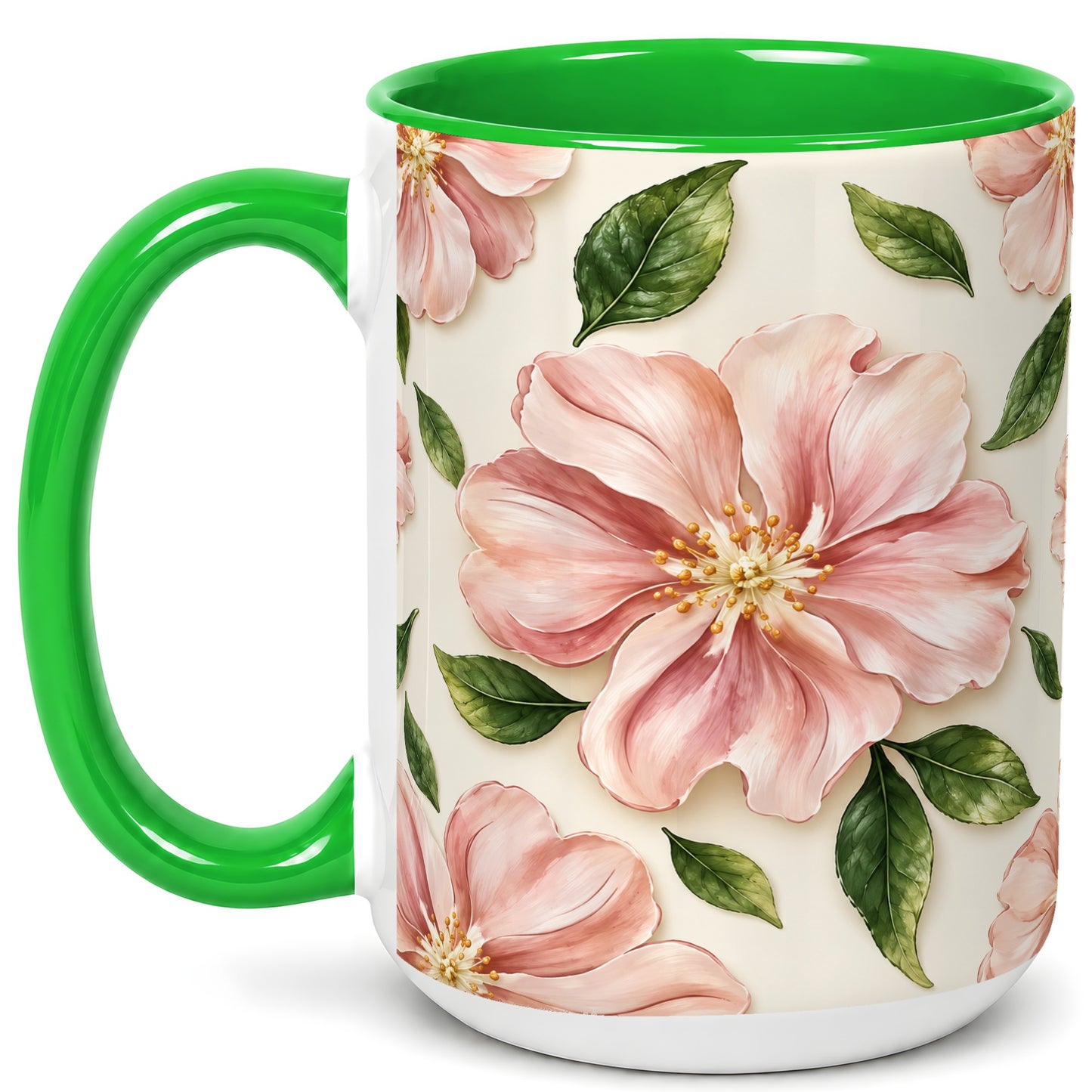 #pl[15oz|Green] Pink Floral Coffee Mug, Botanical Blossom Mug, Ceramic Cup