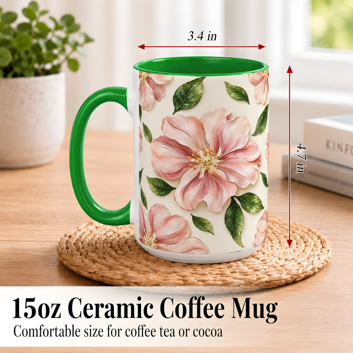 #pl[15oz|Green] Pink Floral Coffee Mug, Botanical Blossom Mug, Ceramic Cup
