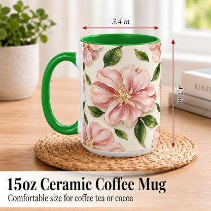 #pl[15oz|Green] Pink Floral Coffee Mug, Botanical Blossom Mug, Ceramic Cup