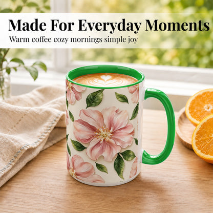 #pl[15oz|Green] Pink Floral Coffee Mug, Botanical Blossom Mug, Ceramic Cup