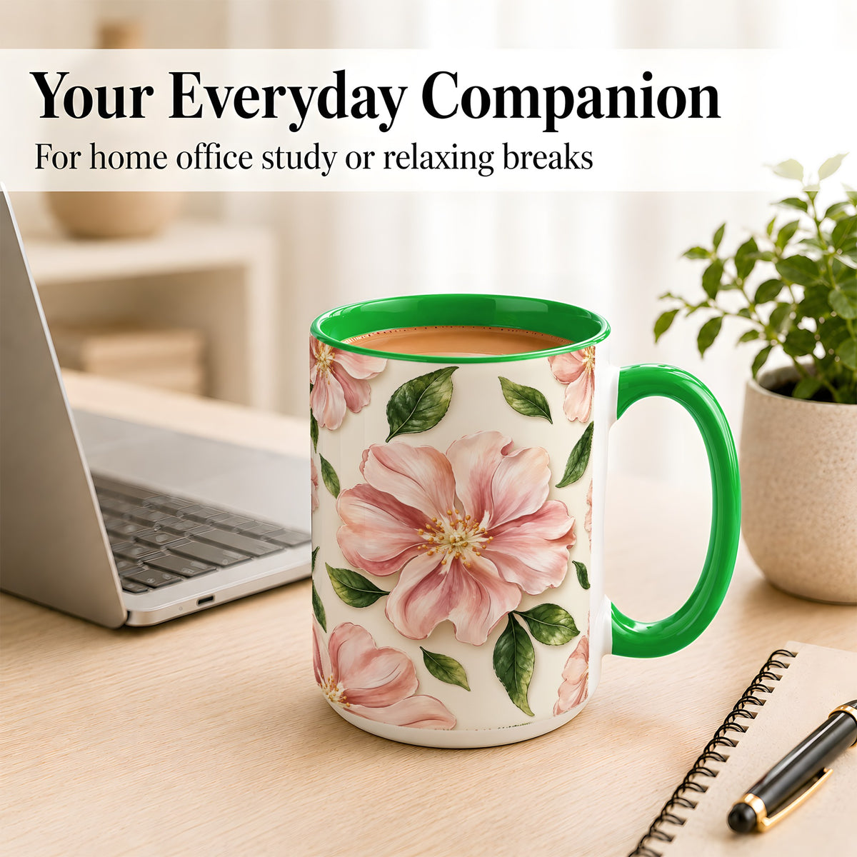 #pl[15oz|Green] Pink Floral Coffee Mug, Botanical Blossom Mug, Ceramic Cup