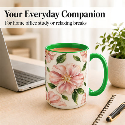 #pl[15oz|Green] Pink Floral Coffee Mug, Botanical Blossom Mug, Ceramic Cup