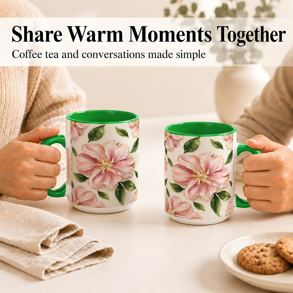 #pl[15oz|Green] Pink Floral Coffee Mug, Botanical Blossom Mug, Ceramic Cup