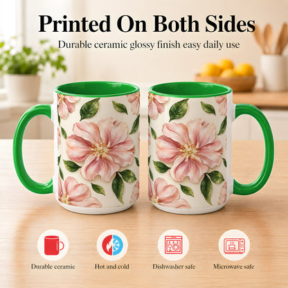#pl[15oz|Green] Pink Floral Coffee Mug, Botanical Blossom Mug, Ceramic Cup