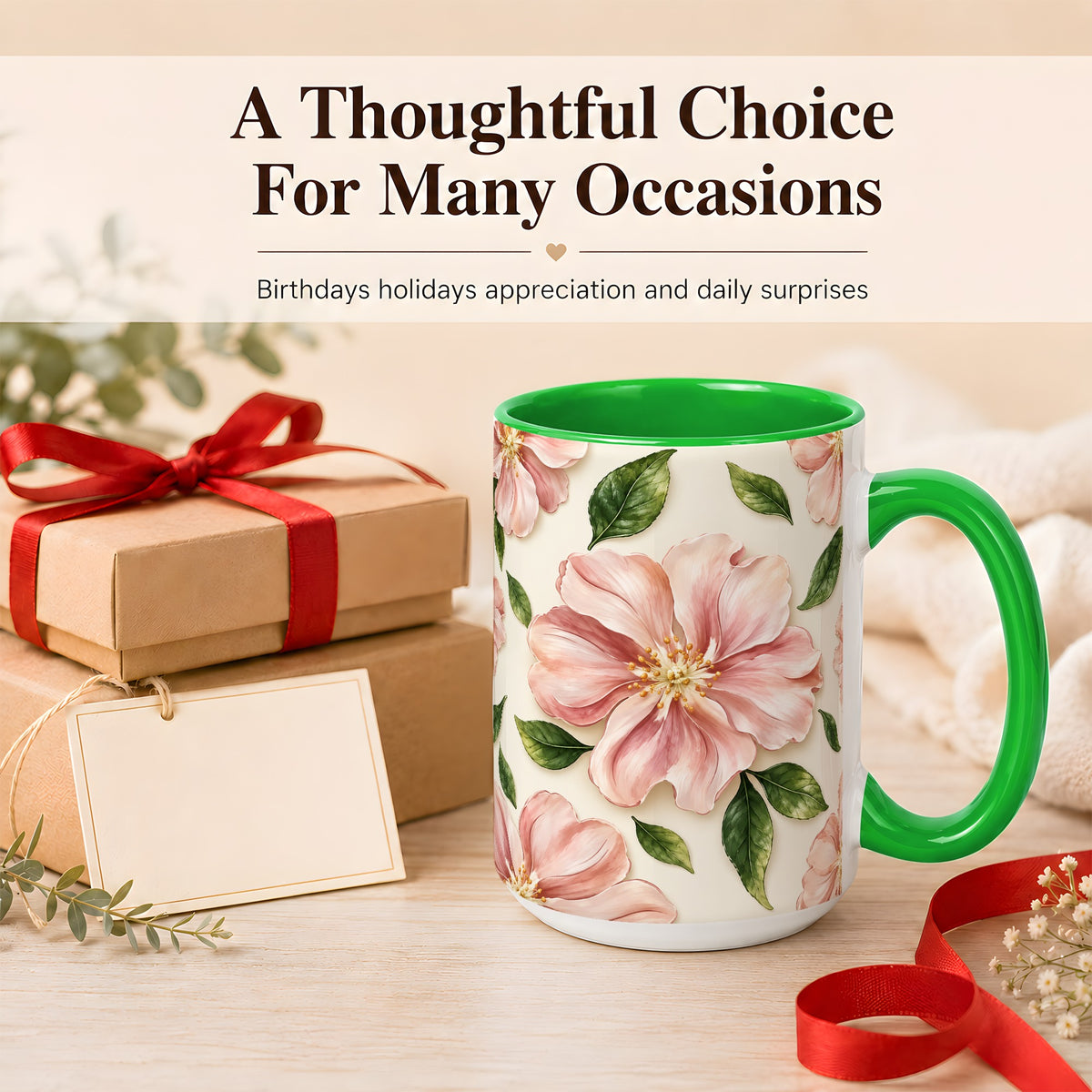 #pl[15oz|Green] Pink Floral Coffee Mug, Botanical Blossom Mug, Ceramic Cup