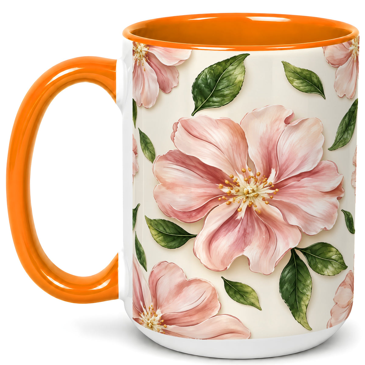 #pl[15oz|Orange] Pink Floral Coffee Mug, Botanical Blossom Mug, Ceramic Cup