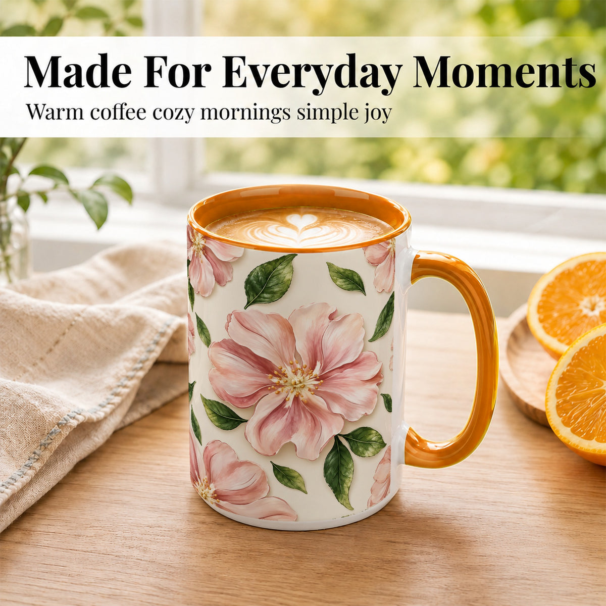 #pl[15oz|Orange] Pink Floral Coffee Mug, Botanical Blossom Mug, Ceramic Cup
