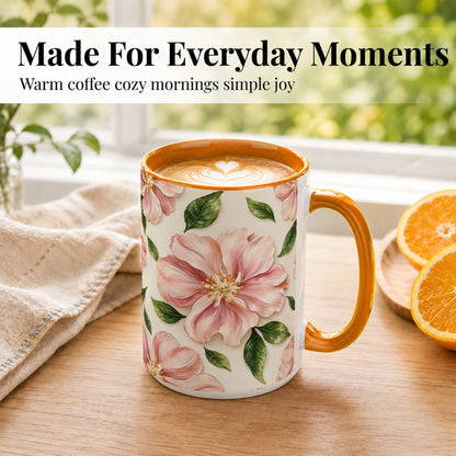#pl[15oz|Orange] Pink Floral Coffee Mug, Botanical Blossom Mug, Ceramic Cup