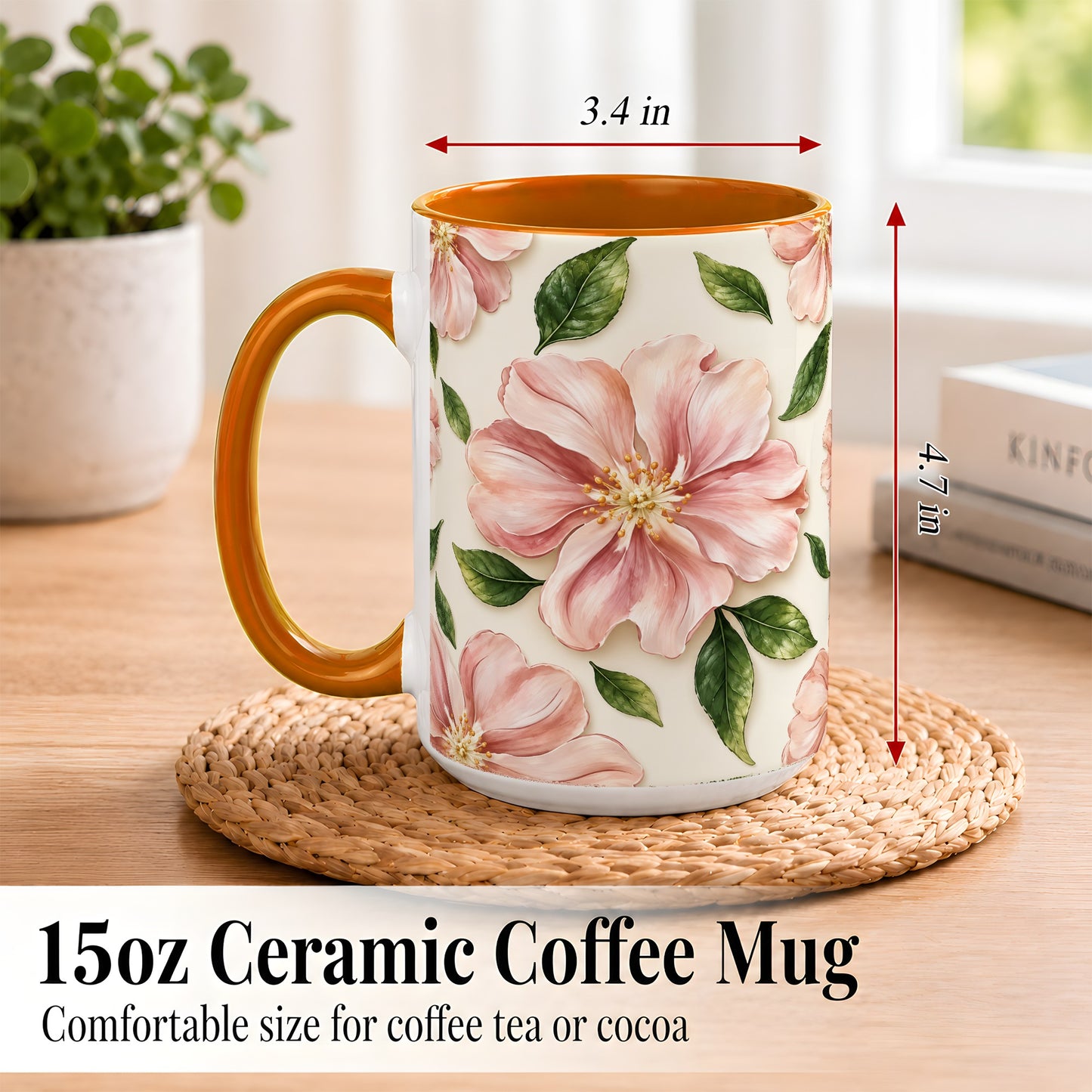 #pl[15oz|Orange] Pink Floral Coffee Mug, Botanical Blossom Mug, Ceramic Cup