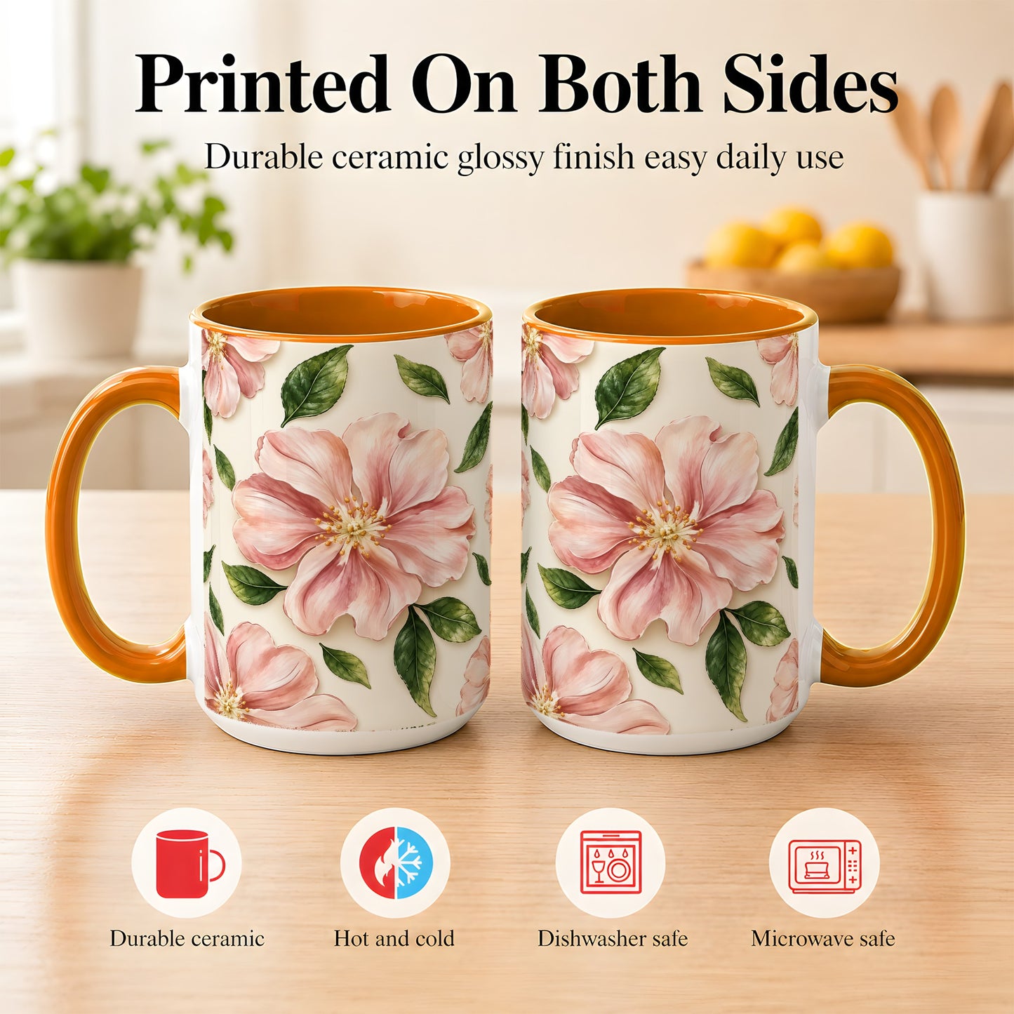 #pl[15oz|Orange] Pink Floral Coffee Mug, Botanical Blossom Mug, Ceramic Cup
