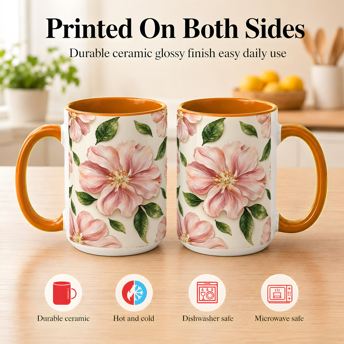 #pl[15oz|Orange] Pink Floral Coffee Mug, Botanical Blossom Mug, Ceramic Cup