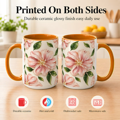 #pl[15oz|Orange] Pink Floral Coffee Mug, Botanical Blossom Mug, Ceramic Cup