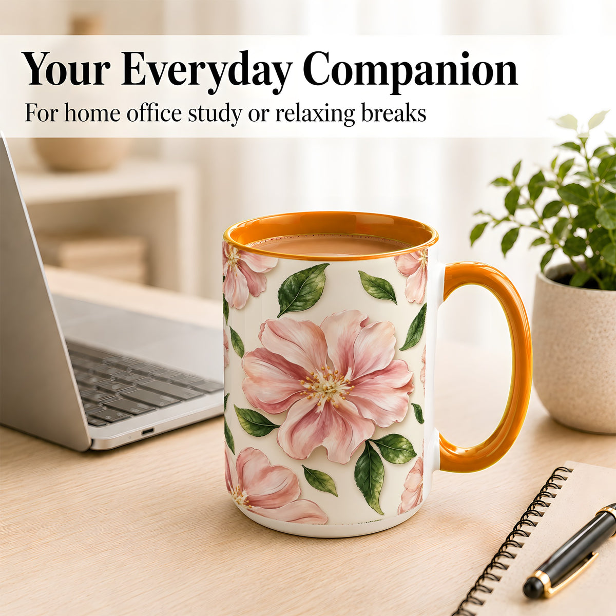#pl[15oz|Orange] Pink Floral Coffee Mug, Botanical Blossom Mug, Ceramic Cup