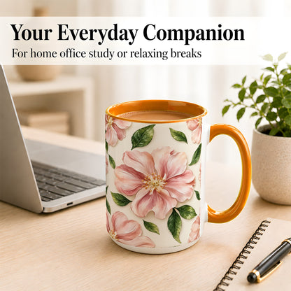 #pl[15oz|Orange] Pink Floral Coffee Mug, Botanical Blossom Mug, Ceramic Cup