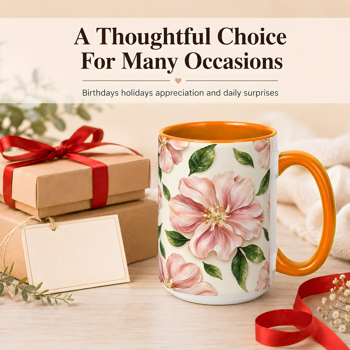 #pl[15oz|Orange] Pink Floral Coffee Mug, Botanical Blossom Mug, Ceramic Cup