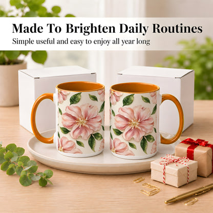 #pl[15oz|Orange] Pink Floral Coffee Mug, Botanical Blossom Mug, Ceramic Cup