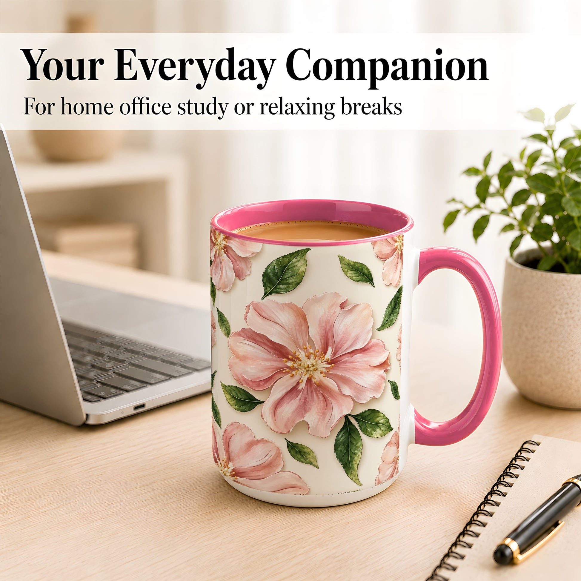 #pl[15oz|Pink] Pink Floral Coffee Mug, Botanical Blossom Mug, Ceramic Cup