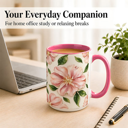 #pl[15oz|Pink] Pink Floral Coffee Mug, Botanical Blossom Mug, Ceramic Cup