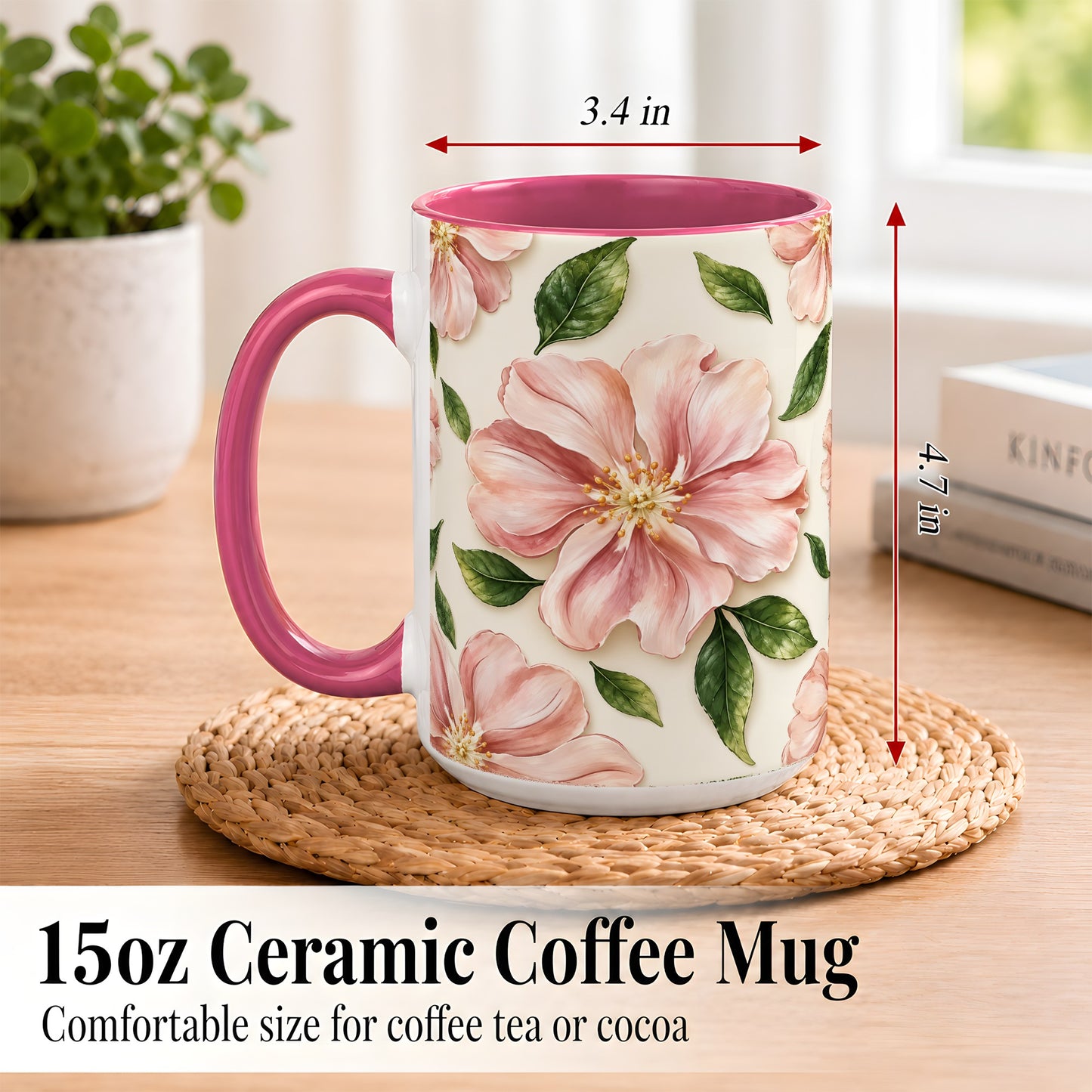 #pl[15oz|Pink] Pink Floral Coffee Mug, Botanical Blossom Mug, Ceramic Cup