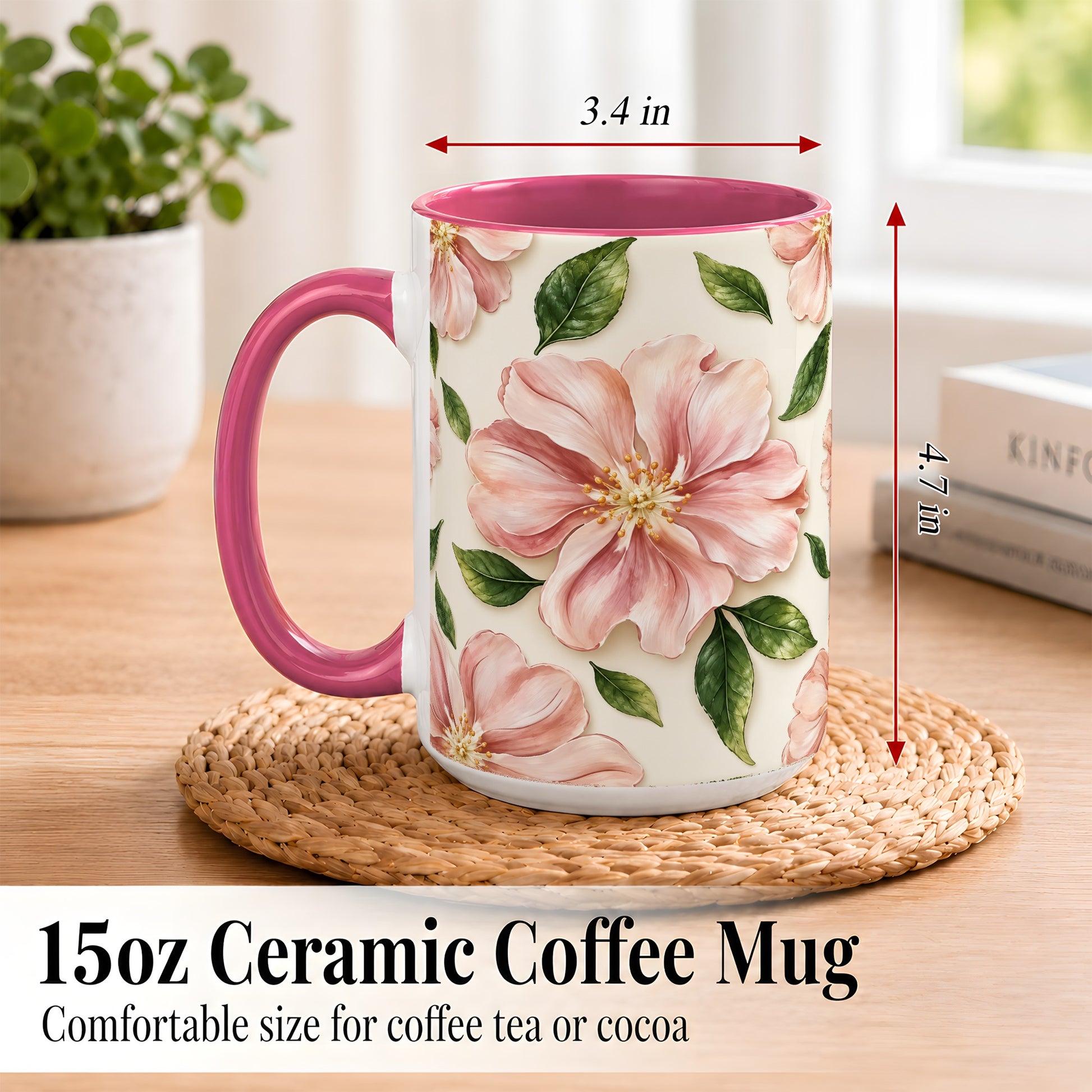 #pl[15oz|Pink] Pink Floral Coffee Mug, Botanical Blossom Mug, Ceramic Cup