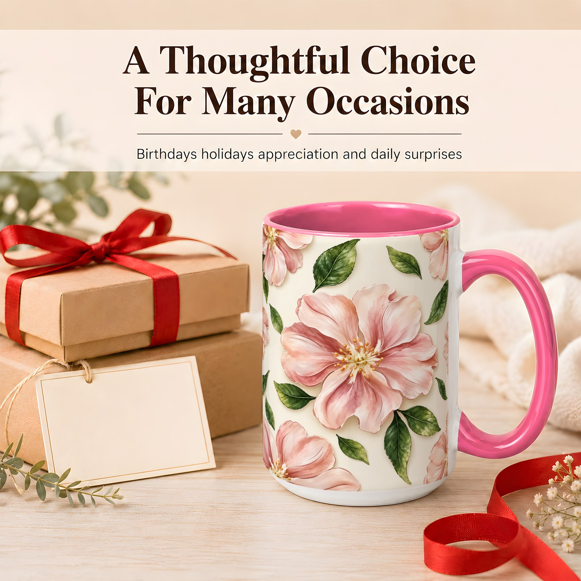 #pl[15oz|Pink] Pink Floral Coffee Mug, Botanical Blossom Mug, Ceramic Cup