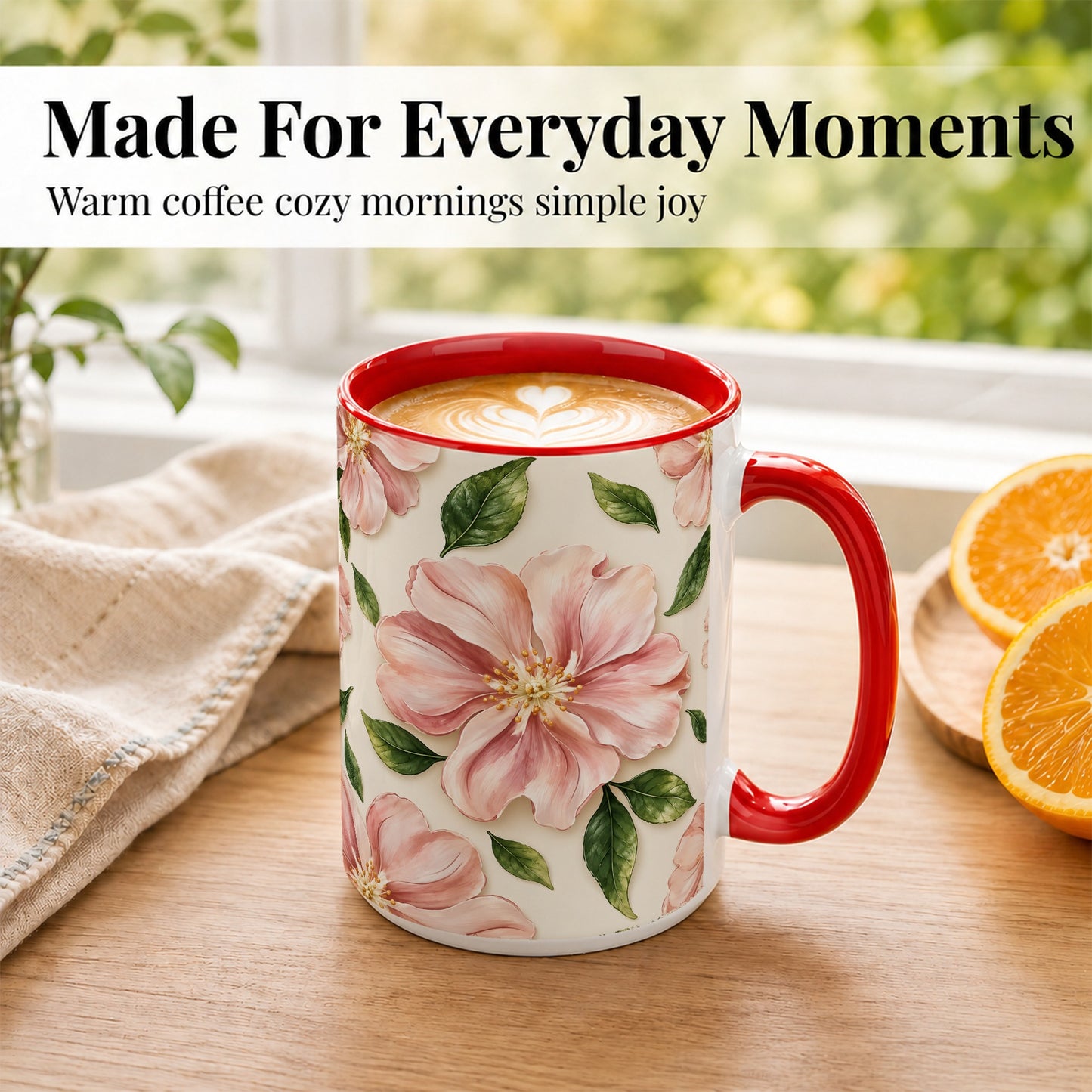 #pl[15oz|Red] Pink Floral Coffee Mug, Botanical Blossom Mug, Ceramic Cup