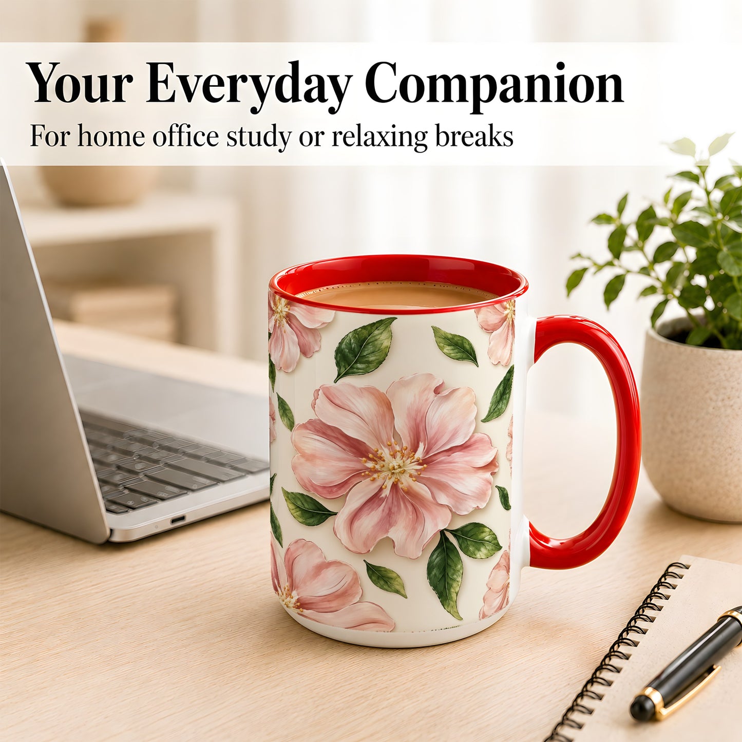 #pl[15oz|Red] Pink Floral Coffee Mug, Botanical Blossom Mug, Ceramic Cup
