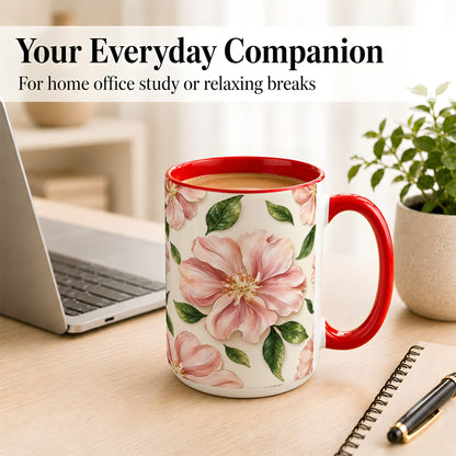 #pl[15oz|Red] Pink Floral Coffee Mug, Botanical Blossom Mug, Ceramic Cup