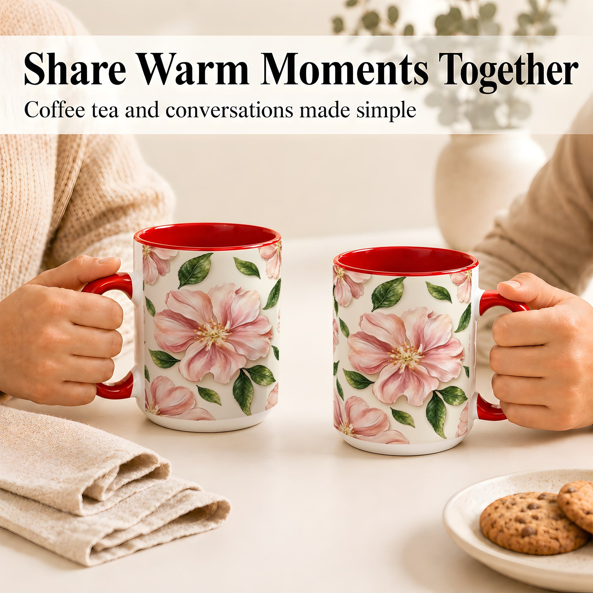 #pl[15oz|Red] Pink Floral Coffee Mug, Botanical Blossom Mug, Ceramic Cup