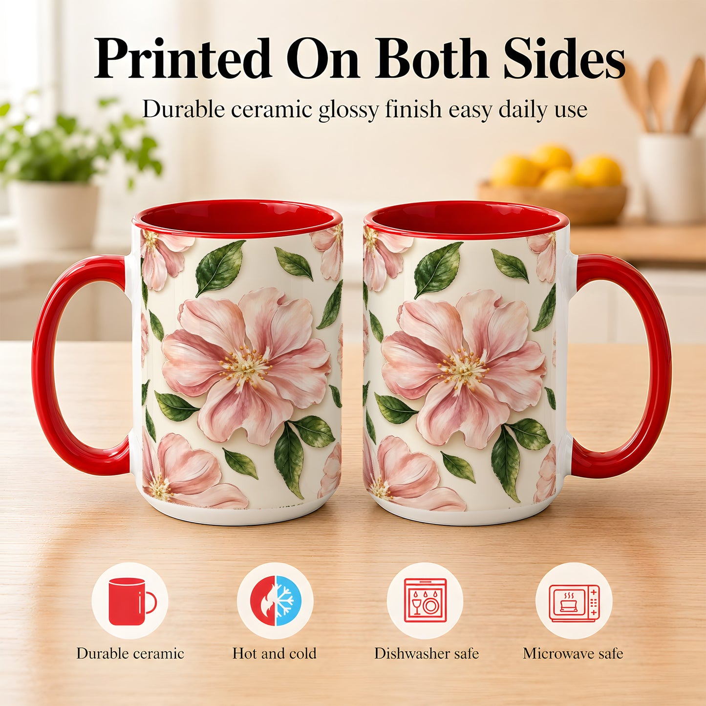 #pl[15oz|Red] Pink Floral Coffee Mug, Botanical Blossom Mug, Ceramic Cup