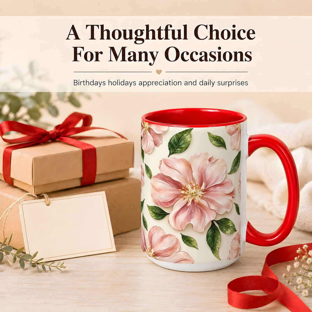 #pl[15oz|Red] Pink Floral Coffee Mug, Botanical Blossom Mug, Ceramic Cup
