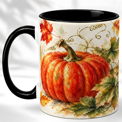 #pl[11oz|Black] Autumn Pumpkin Coffee Mug, Watercolor Harvest Mug, Ceramic Cup