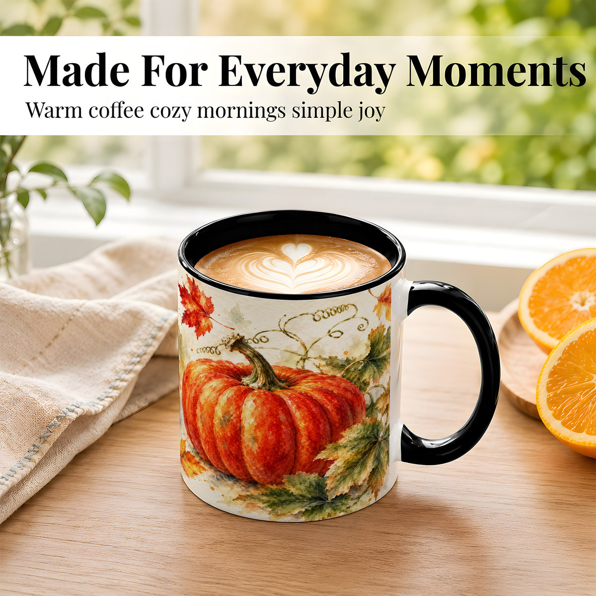 #pl[11oz|Black] Autumn Pumpkin Coffee Mug, Watercolor Harvest Mug, Ceramic Cup