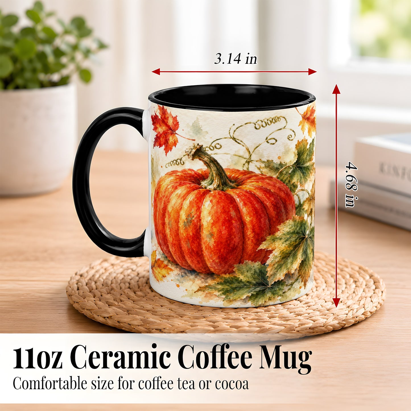 #pl[11oz|Black] Autumn Pumpkin Coffee Mug, Watercolor Harvest Mug, Ceramic Cup