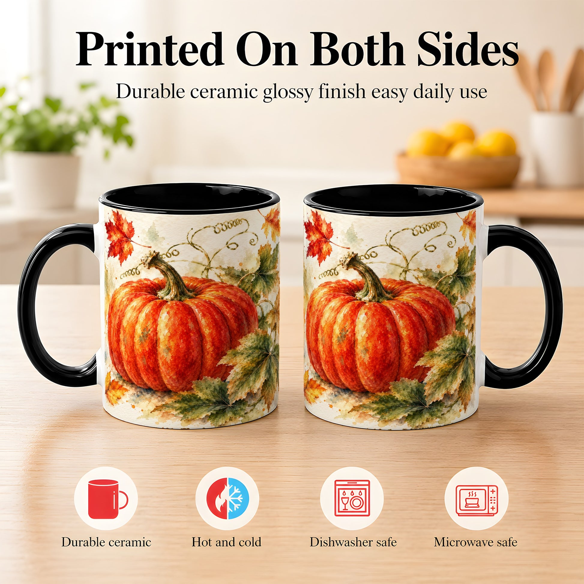 #pl[11oz|Black] Autumn Pumpkin Coffee Mug, Watercolor Harvest Mug, Ceramic Cup