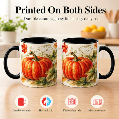 #pl[11oz|Black] Autumn Pumpkin Coffee Mug, Watercolor Harvest Mug, Ceramic Cup