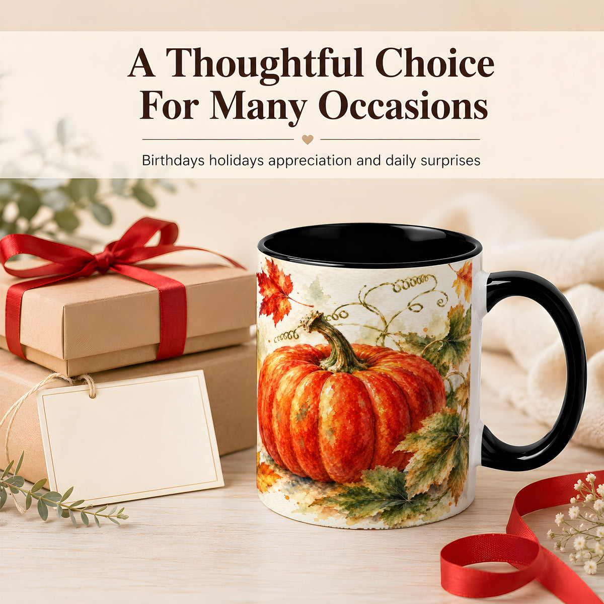 #pl[11oz|Black] Autumn Pumpkin Coffee Mug, Watercolor Harvest Mug, Ceramic Cup