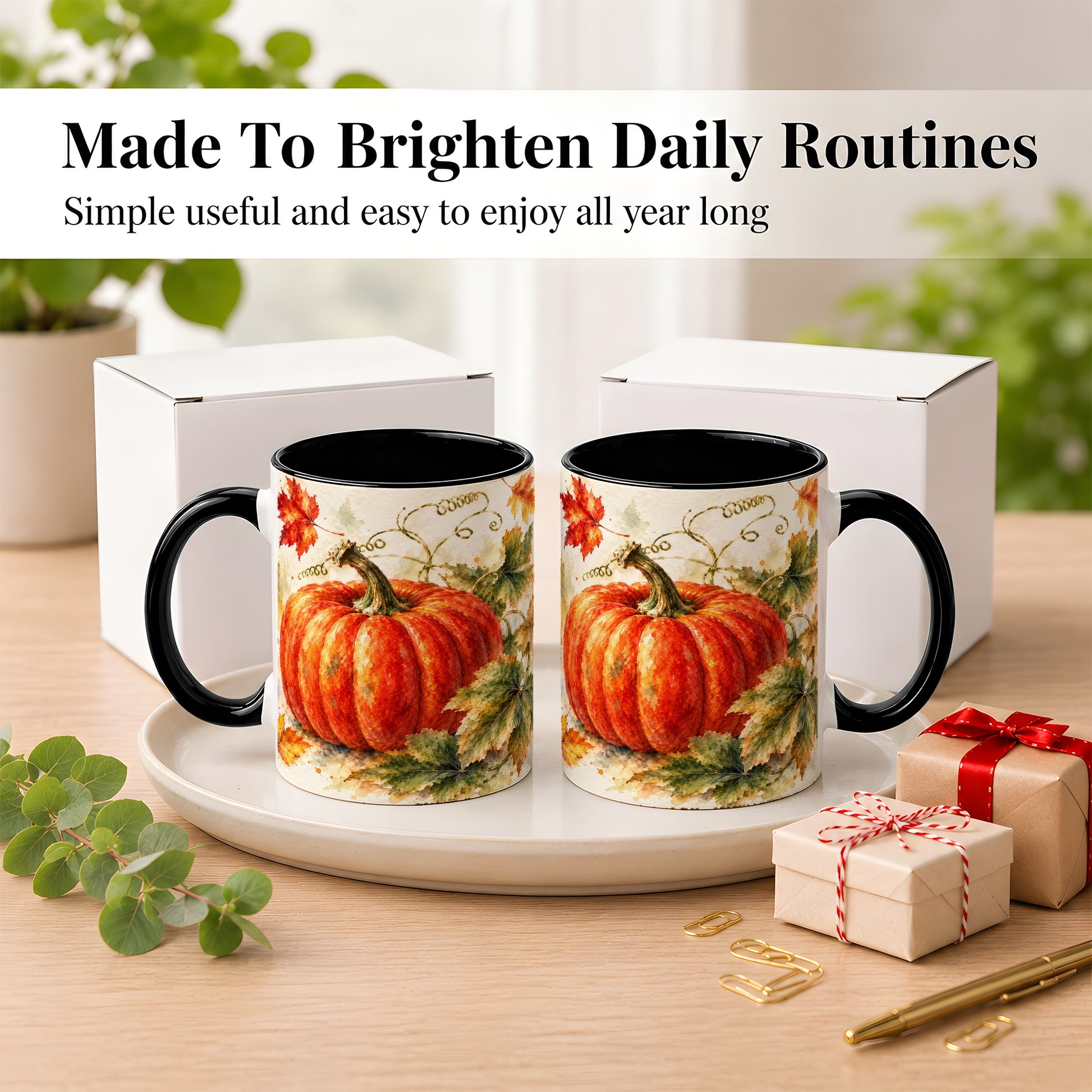 #pl[11oz|Black] Autumn Pumpkin Coffee Mug, Watercolor Harvest Mug, Ceramic Cup
