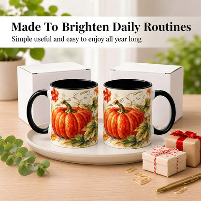 #pl[11oz|Black] Autumn Pumpkin Coffee Mug, Watercolor Harvest Mug, Ceramic Cup