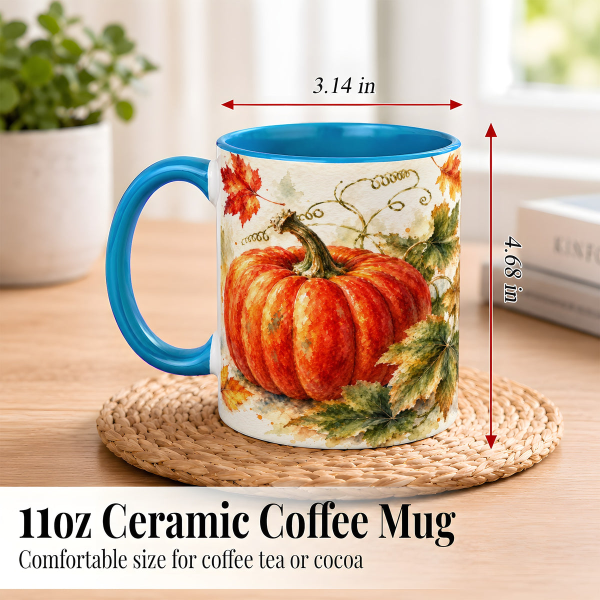 #pl[11oz|Blue] Autumn Pumpkin Coffee Mug, Watercolor Harvest Mug, Ceramic Cup
