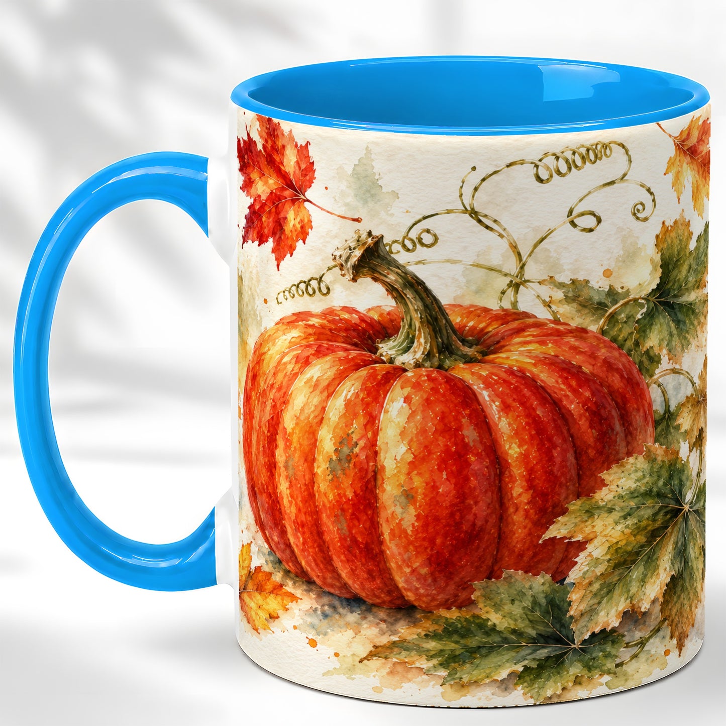 #pl[11oz|Blue] Autumn Pumpkin Coffee Mug, Watercolor Harvest Mug, Ceramic Cup