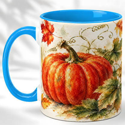 #pl[11oz|Blue] Autumn Pumpkin Coffee Mug, Watercolor Harvest Mug, Ceramic Cup