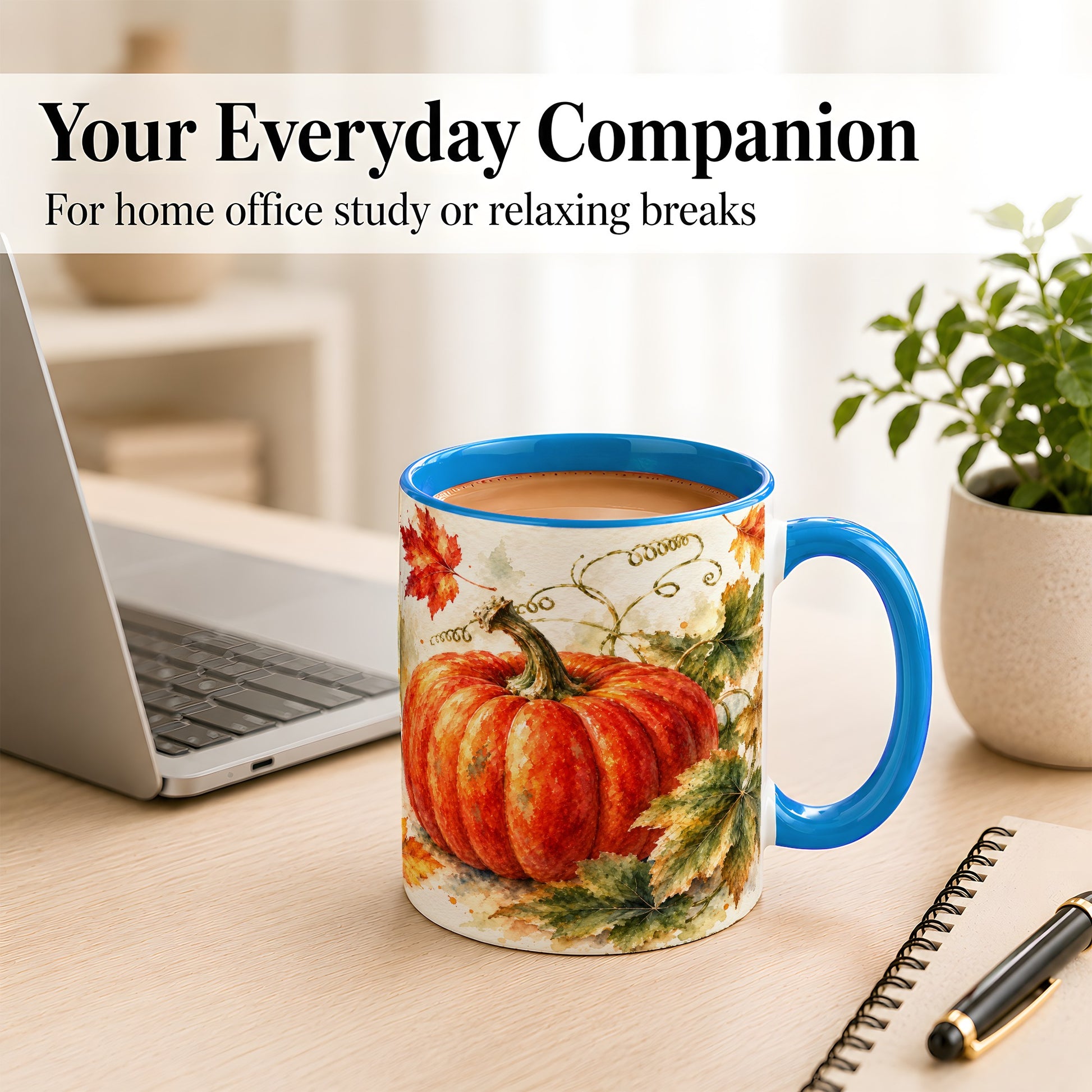 #pl[11oz|Blue] Autumn Pumpkin Coffee Mug, Watercolor Harvest Mug, Ceramic Cup