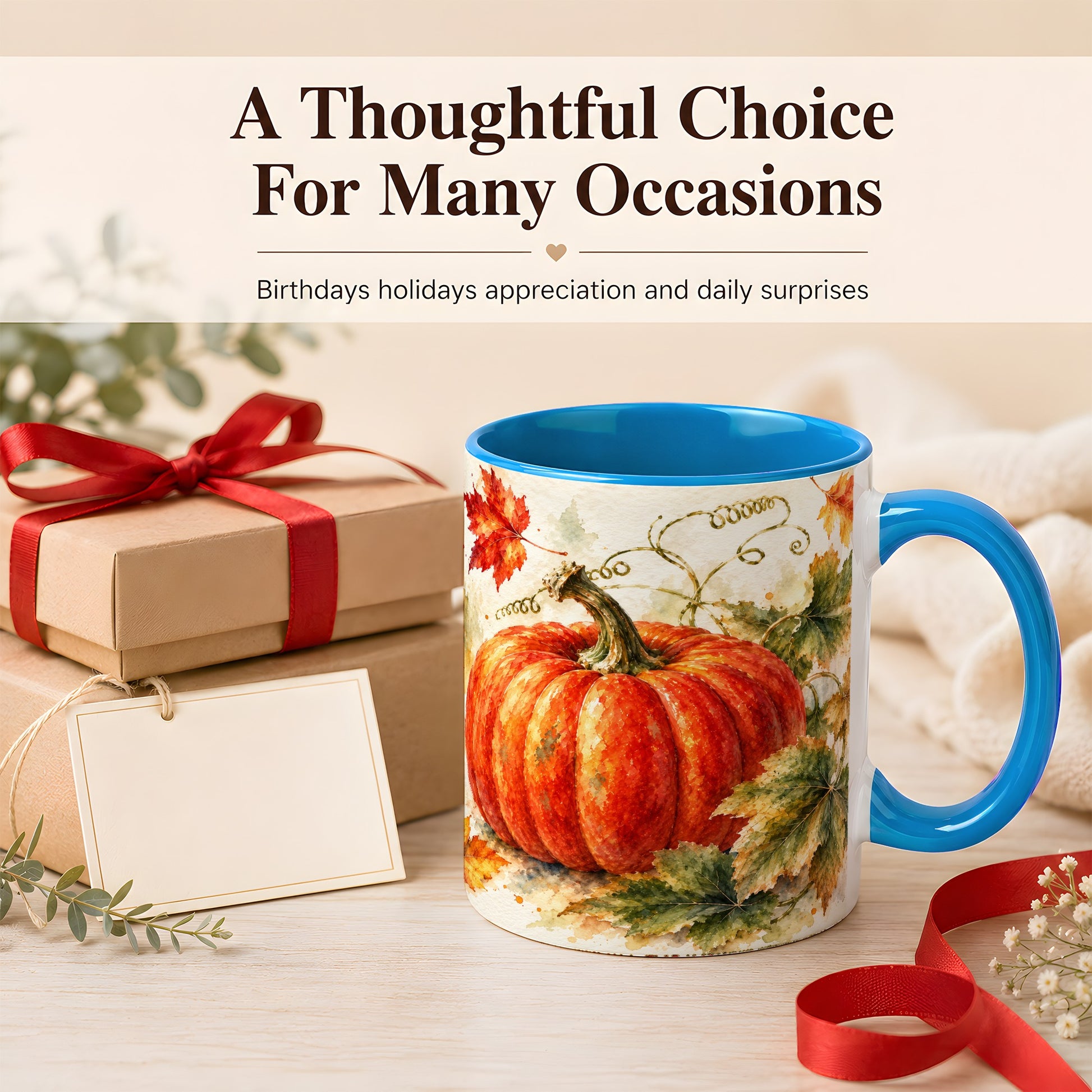 #pl[11oz|Blue] Autumn Pumpkin Coffee Mug, Watercolor Harvest Mug, Ceramic Cup