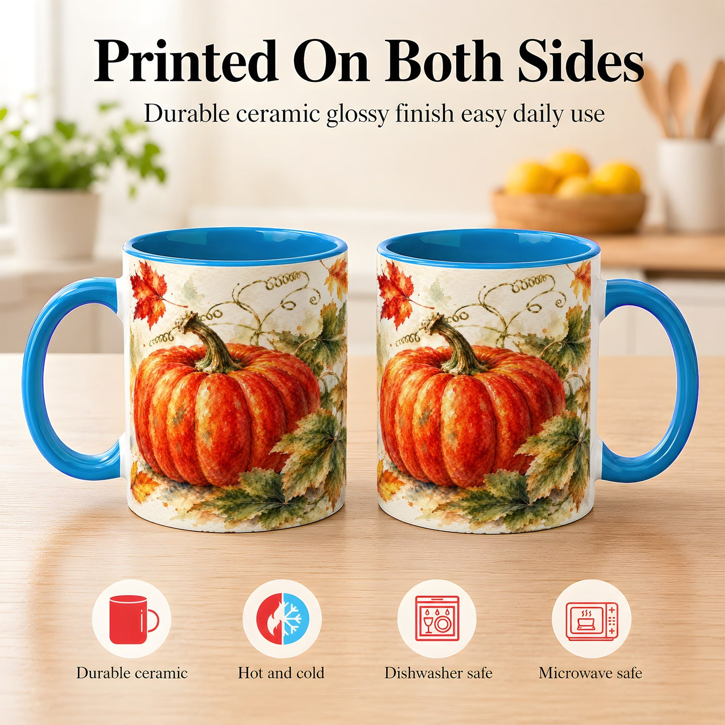 #pl[11oz|Blue] Autumn Pumpkin Coffee Mug, Watercolor Harvest Mug, Ceramic Cup