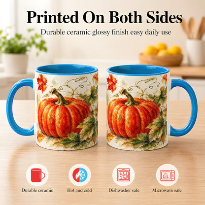 #pl[11oz|Blue] Autumn Pumpkin Coffee Mug, Watercolor Harvest Mug, Ceramic Cup