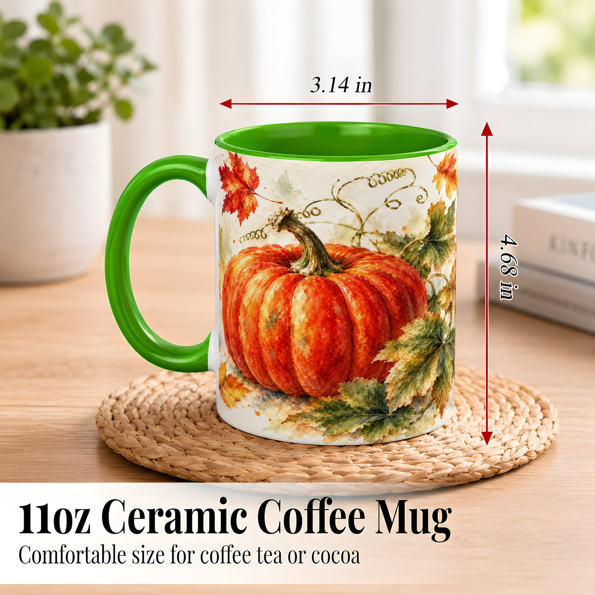#pl[11oz|Green] Autumn Pumpkin Coffee Mug, Watercolor Harvest Mug, Ceramic Cup