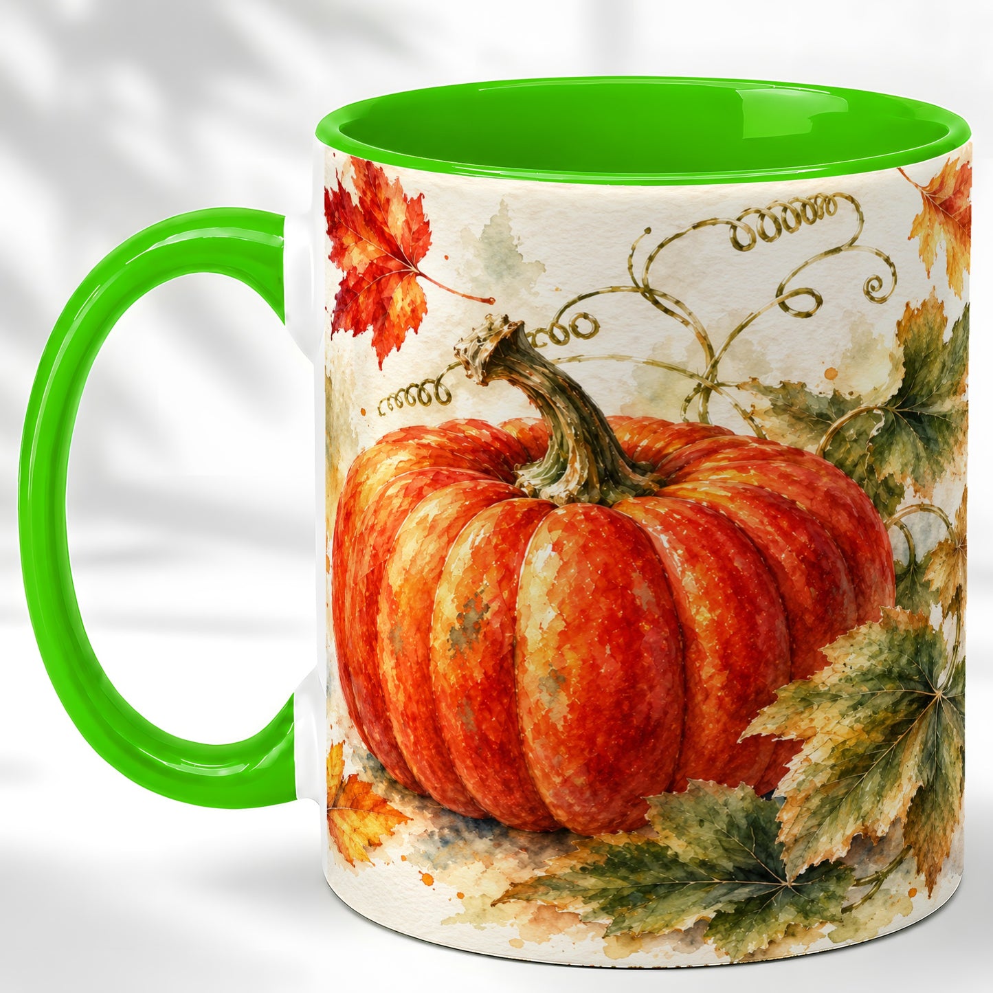 #pl[11oz|Green] Autumn Pumpkin Coffee Mug, Watercolor Harvest Mug, Ceramic Cup