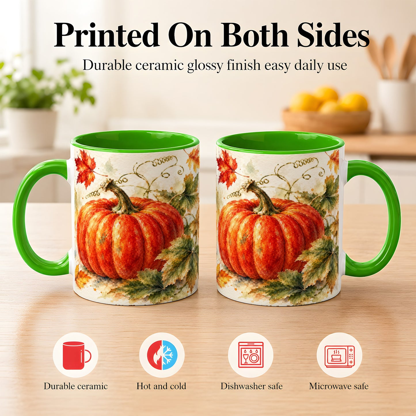 #pl[11oz|Green] Autumn Pumpkin Coffee Mug, Watercolor Harvest Mug, Ceramic Cup